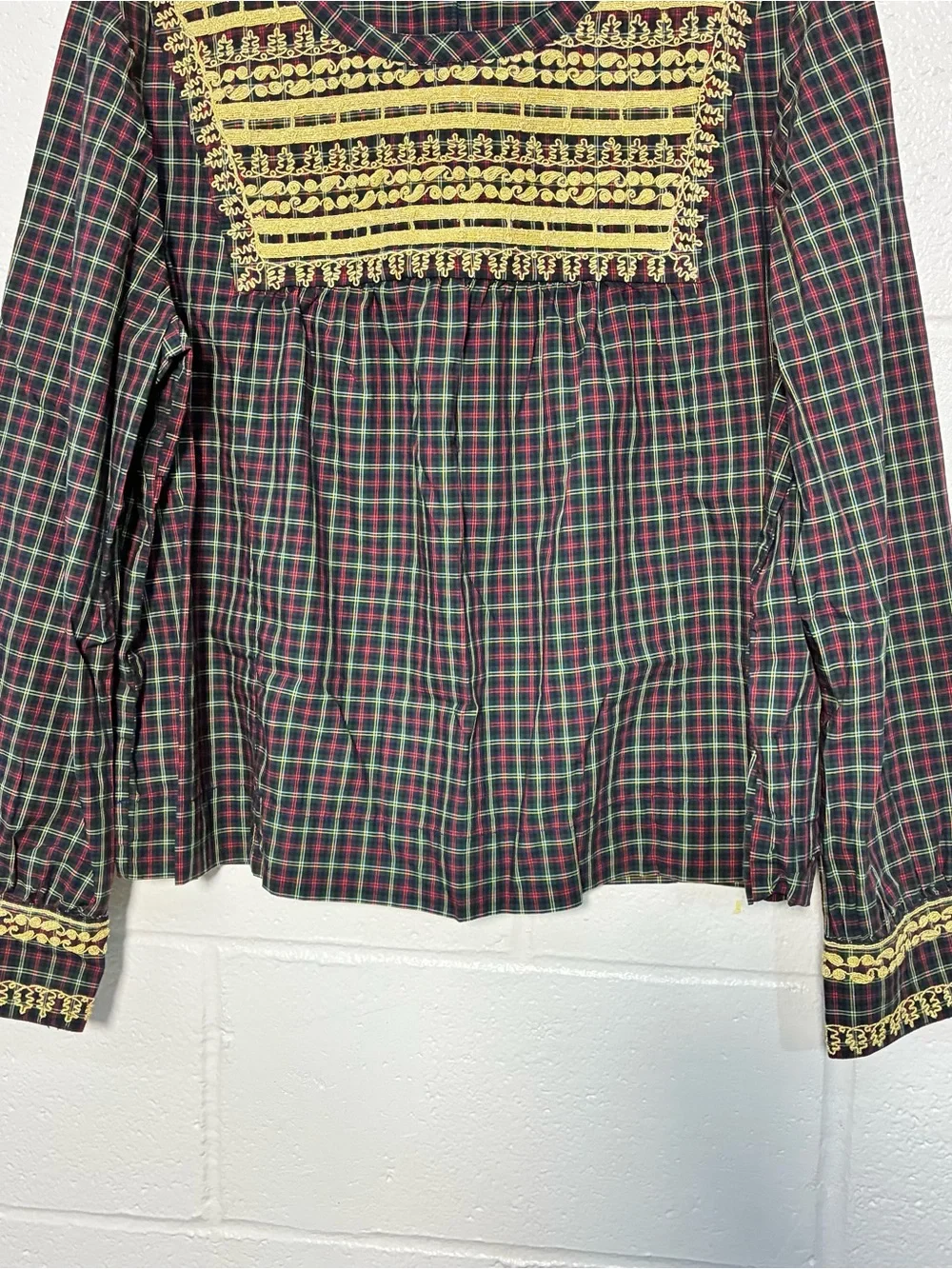 J Crew plaid long sleeve top with gold embroidery embellishments